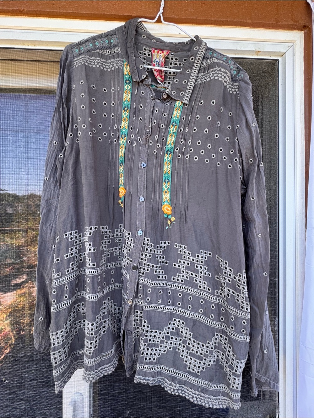 Johnny Was Charcoal Gray Embroidered Eyelet Button-Down Shirt with Teal Trim